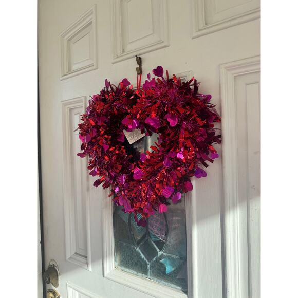 14” Red & Magenta Pink Tinsel Heart Valentines Day Wreath Door Hanger Wall Decor - Picture 5 of 6